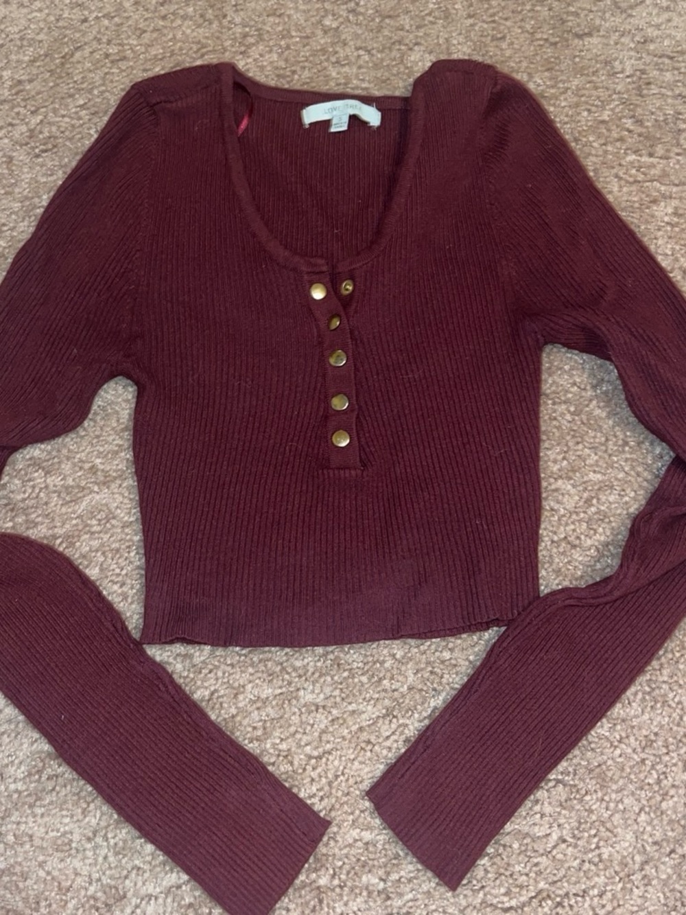 Love Tree Burgundy Ribbed Henley Cropped Long-Sleeve Top